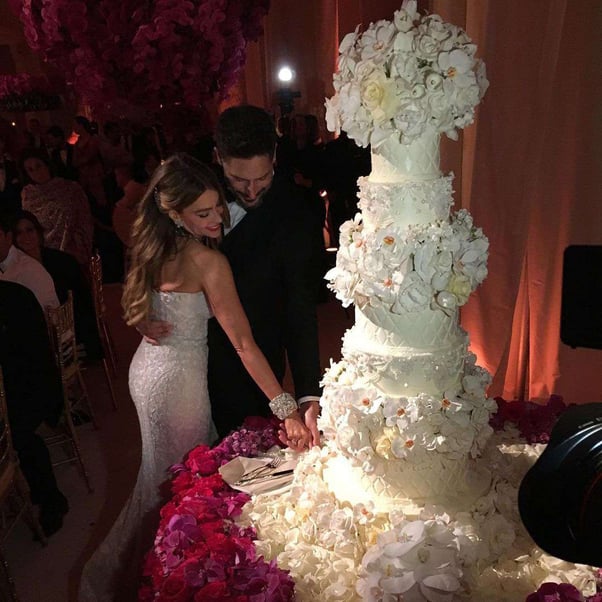Sofia Vergara and Joe Manganiello cut their floral wedding cake in front of their guests.